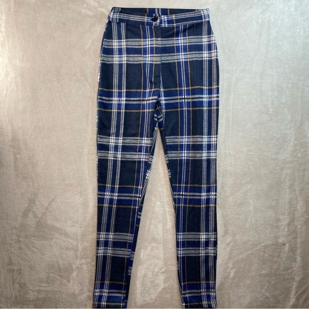 Free People Plaid‎ Skinny Slim Fit High Waist Women's Trousers Work Pants Blue 0
